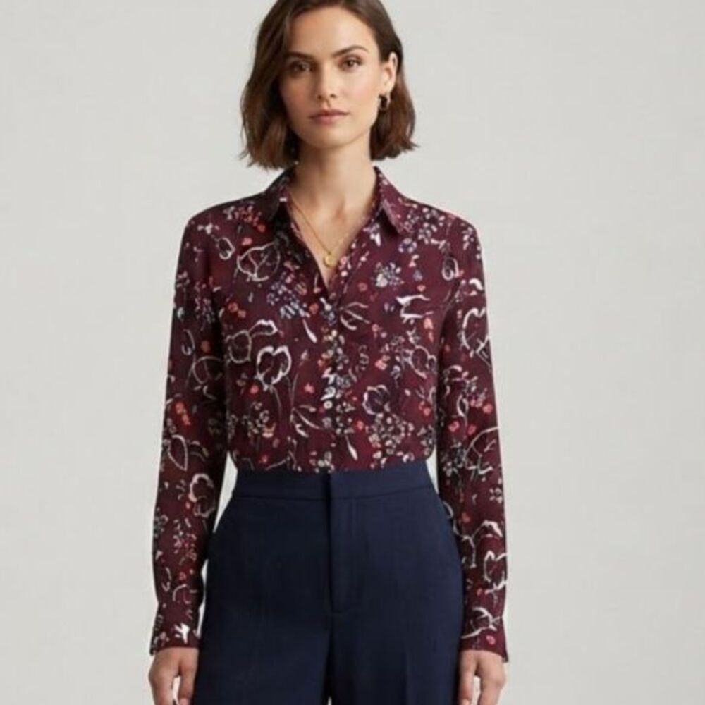 i.e. Silk shirt ie m 8 petite 8p pm mp burgundy red top blouse paisley floral